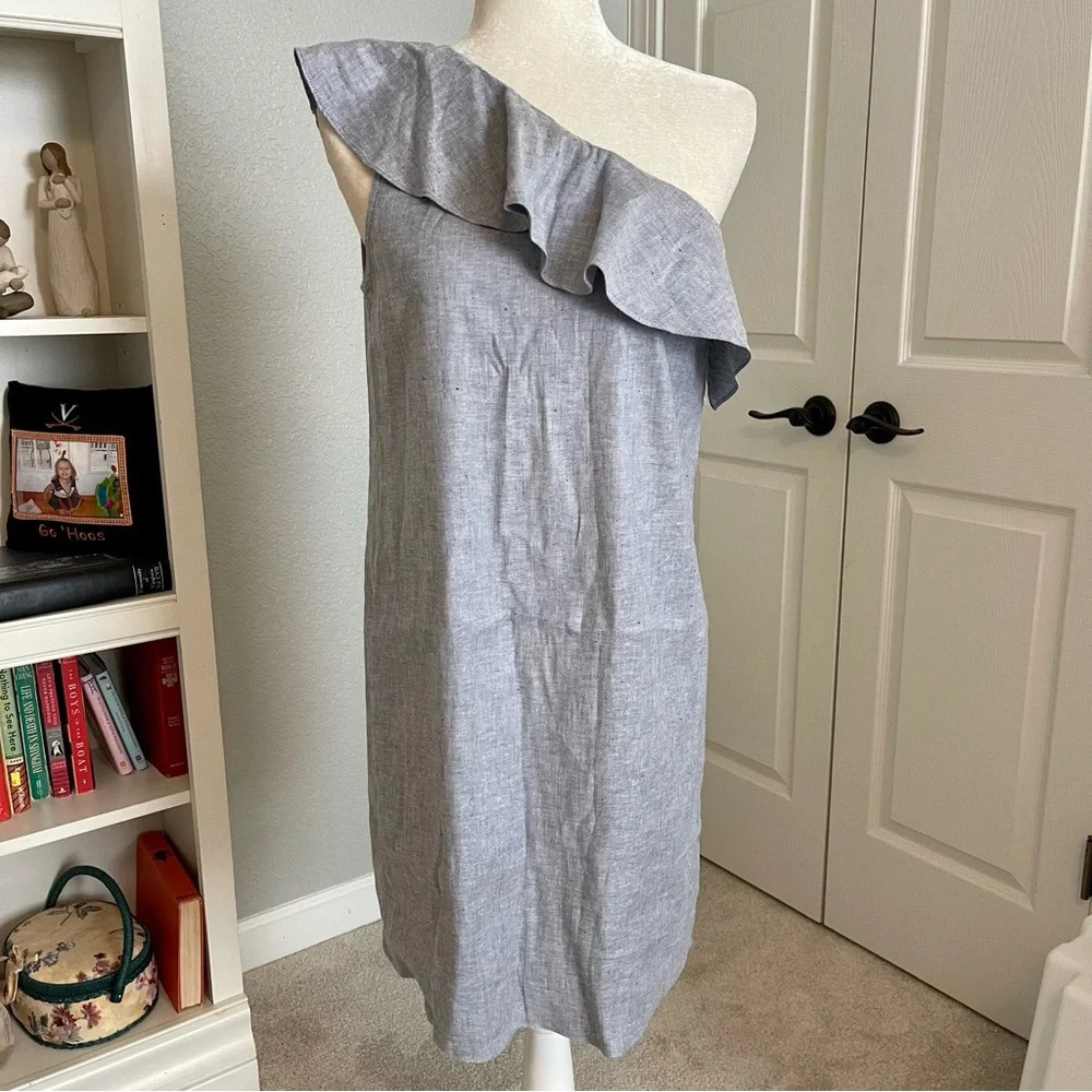 Theory Alexanda One Shoulder Ruffle Dress Light Denim Chambray Sz 8 - Picture 2 of 8